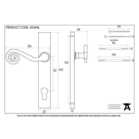 This is an image showing From The Anvil - External Beeswax Monkeytail Slim. Lever Espag. Lock Set - LH available from trade door handles, quick delivery and discounted prices