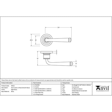 This is an image showing From The Anvil - Aged Brass Avon Round Lever on Rose Set (Art Deco) available from trade door handles, quick delivery and discounted prices