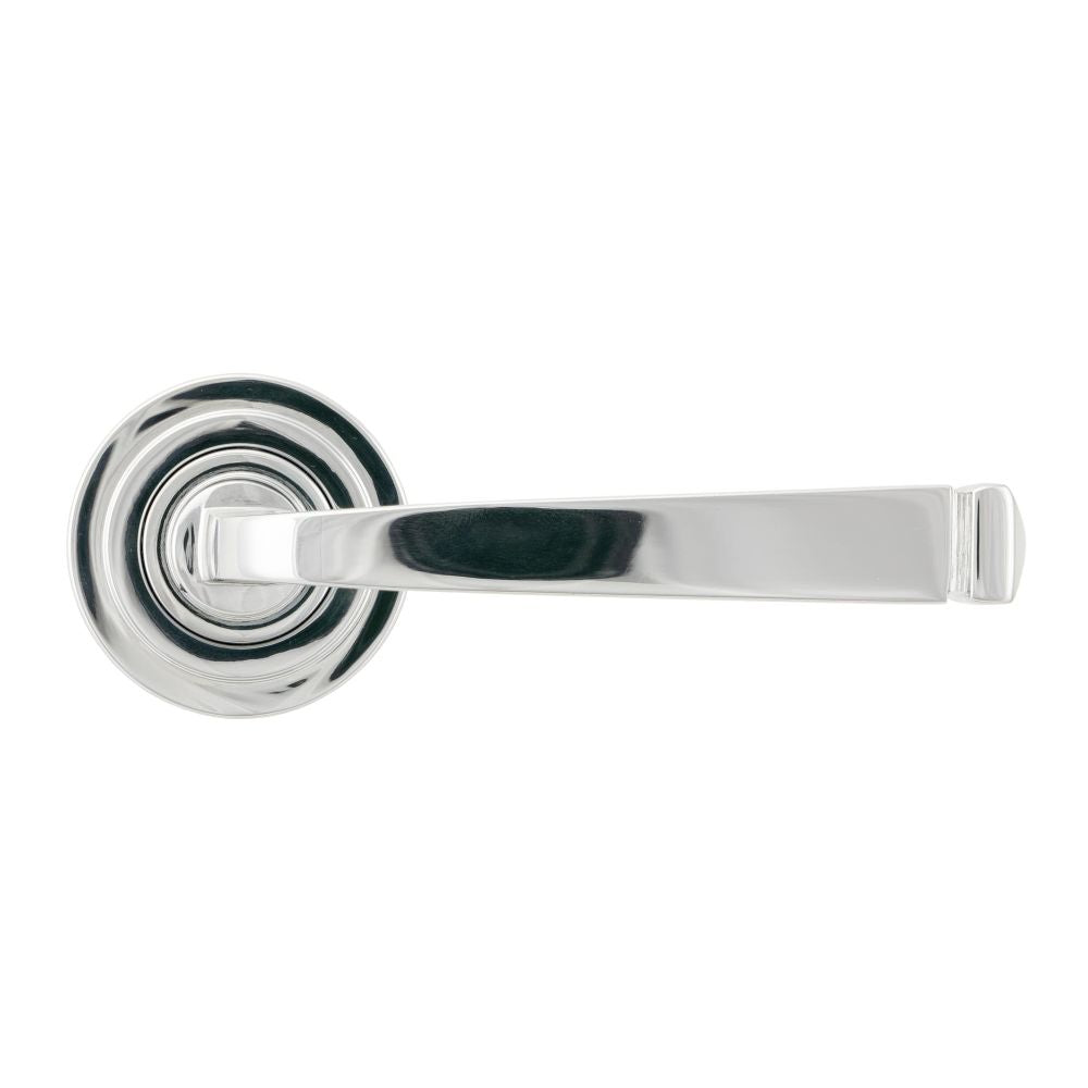 This is an image showing From The Anvil - Polished Chrome Avon Round Lever on Rose Set (Art Deco) available from trade door handles, quick delivery and discounted prices