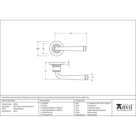 This is an image showing From The Anvil - Polished Nickel Avon Round Lever on Rose Set (Plain) available from trade door handles, quick delivery and discounted prices