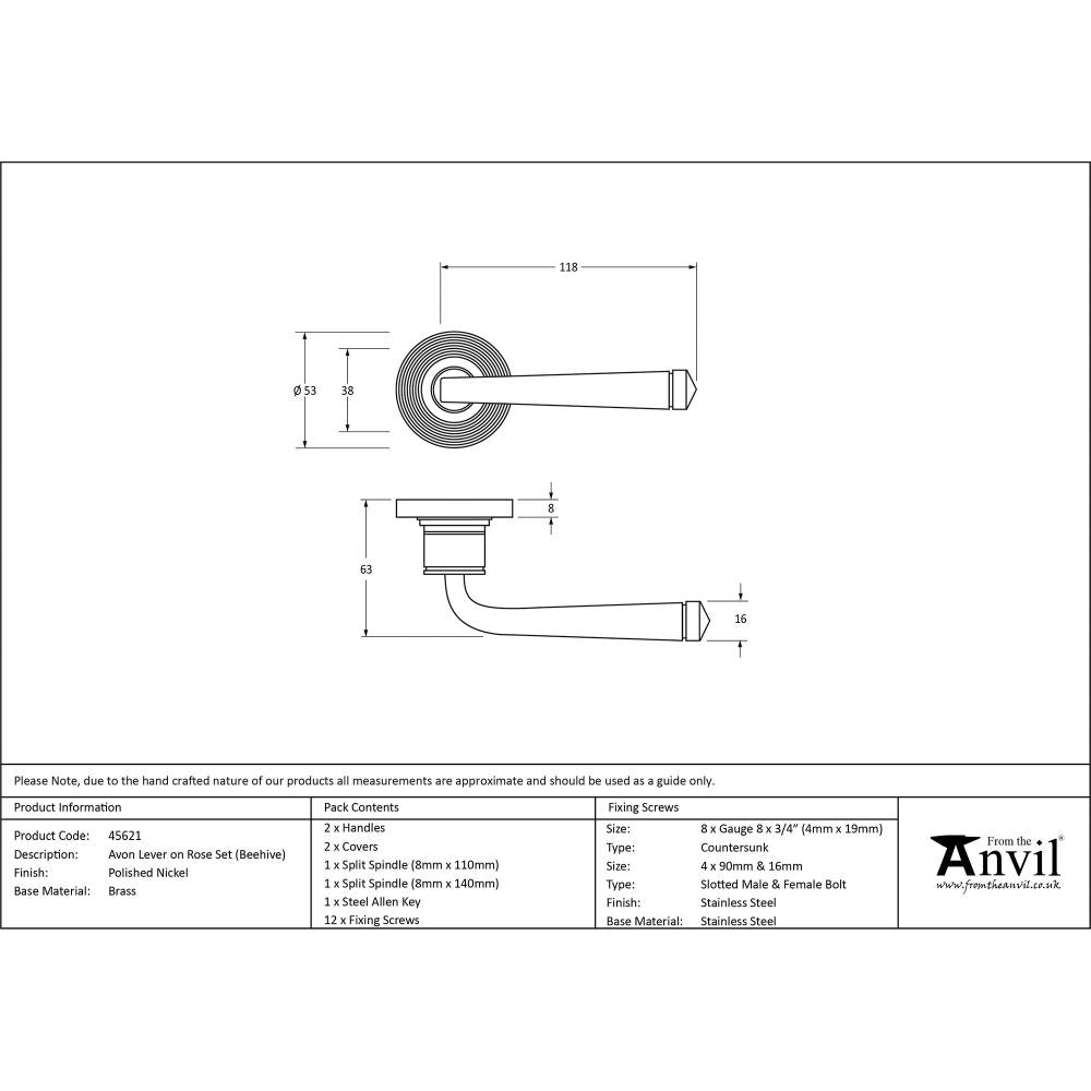 This is an image showing From The Anvil - Polished Nickel Avon Round Lever on Rose Set (Beehive) available from trade door handles, quick delivery and discounted prices