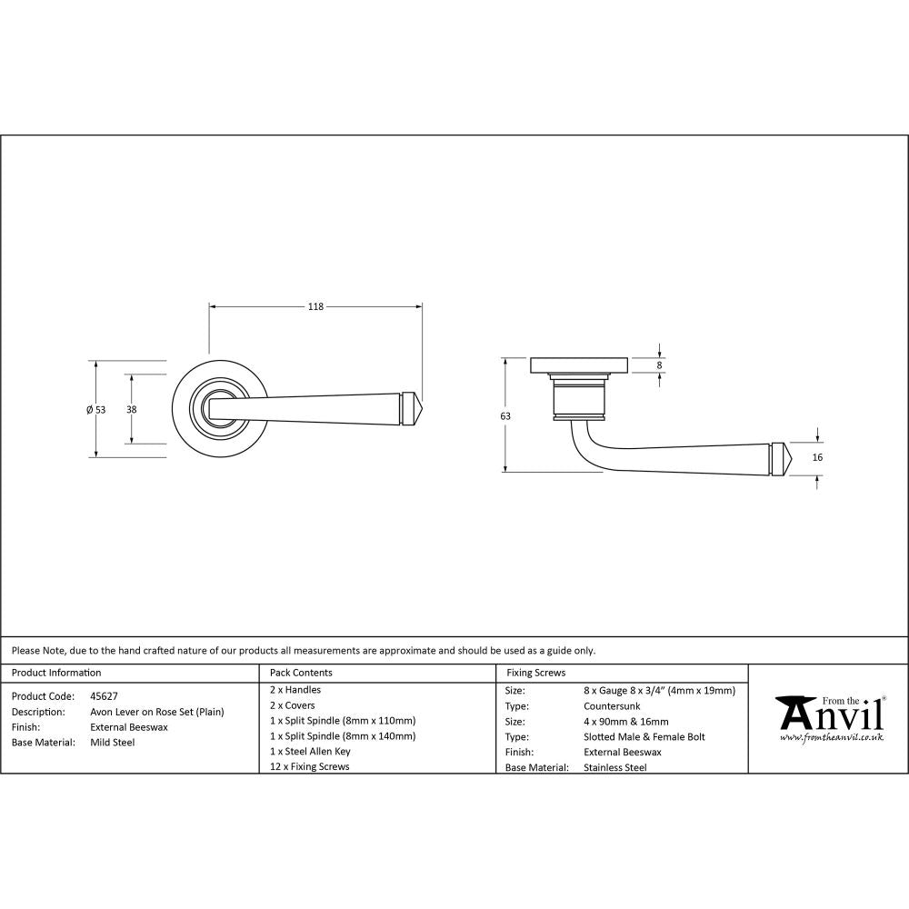 This is an image showing From The Anvil - External Beeswax Avon Round Lever on Rose Set (Plain) available from trade door handles, quick delivery and discounted prices