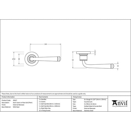 This is an image showing From The Anvil - External Beeswax Avon Round Lever on Rose Set (Plain) available from trade door handles, quick delivery and discounted prices