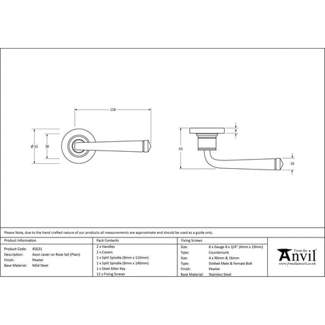 This is an image showing From The Anvil - Pewter Avon Round Lever on Rose Set (Plain) available from trade door handles, quick delivery and discounted prices