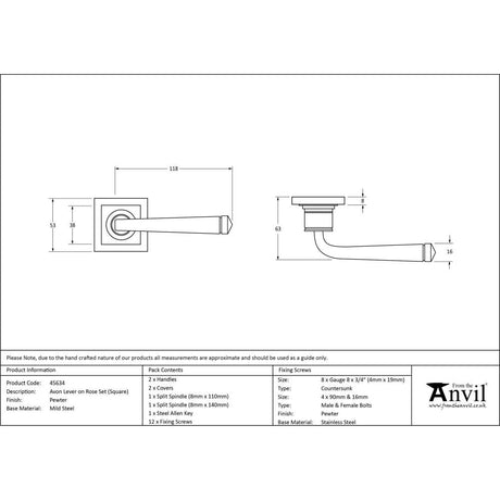 This is an image showing From The Anvil - Pewter Avon Round Lever on Rose Set (Square) available from trade door handles, quick delivery and discounted prices