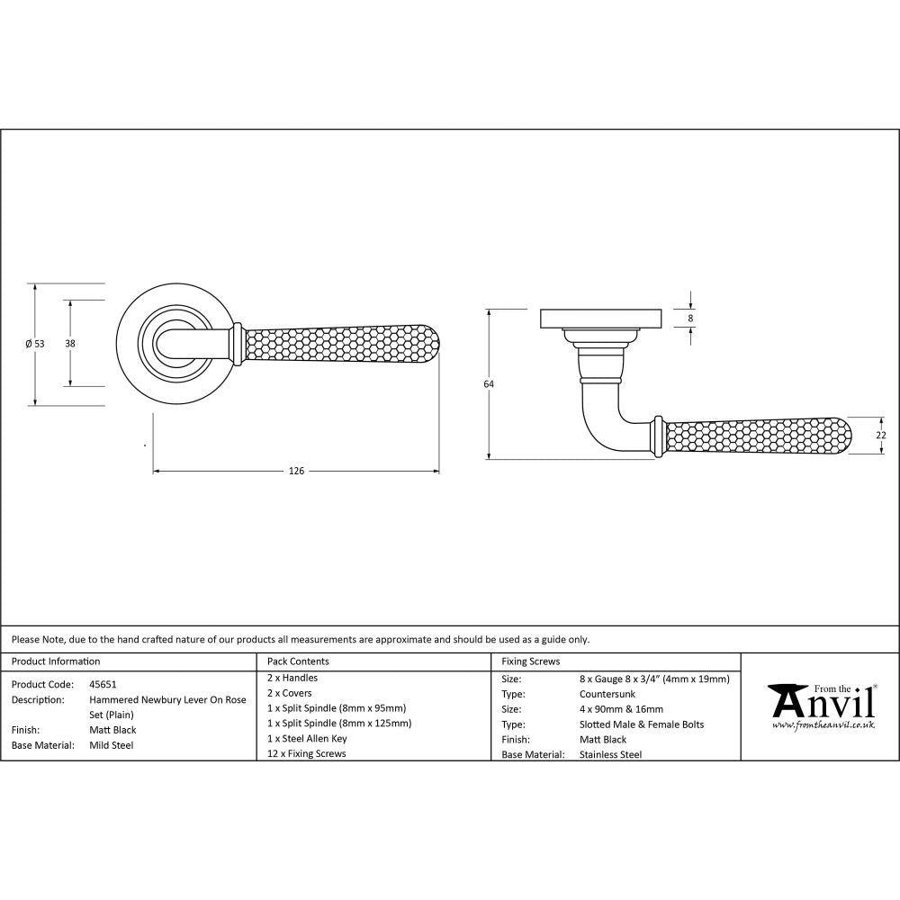 This is an image showing From The Anvil - Matt Black Hammered Newbury Lever on Rose Set (Plain) available from trade door handles, quick delivery and discounted prices