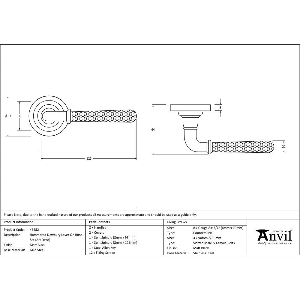 This is an image showing From The Anvil - Matt Black Hammered Newbury Lever on Rose Set (Art Deco) available from trade door handles, quick delivery and discounted prices