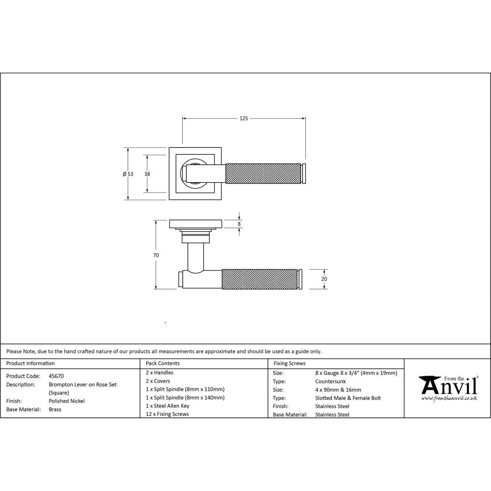 This is an image showing From The Anvil - Polished Nickel Brompton Lever on Rose Set (Square) available from trade door handles, quick delivery and discounted prices