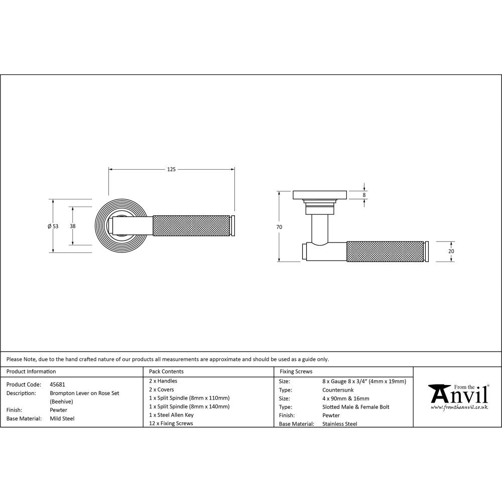 This is an image showing From The Anvil - Pewter Brompton Lever on Rose Set (Beehive) available from trade door handles, quick delivery and discounted prices