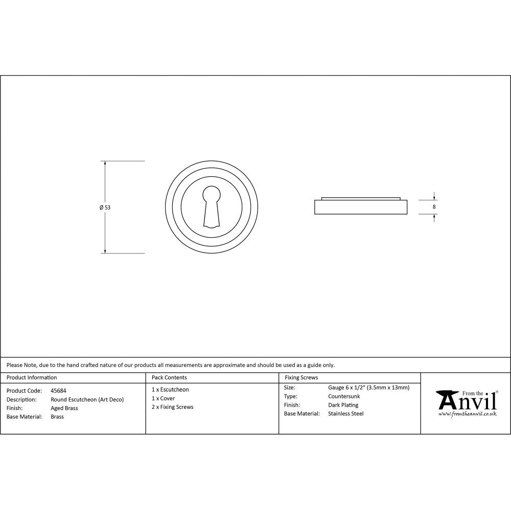 This is an image showing From The Anvil - Aged Brass Round Escutcheon (Art Deco) available from trade door handles, quick delivery and discounted prices