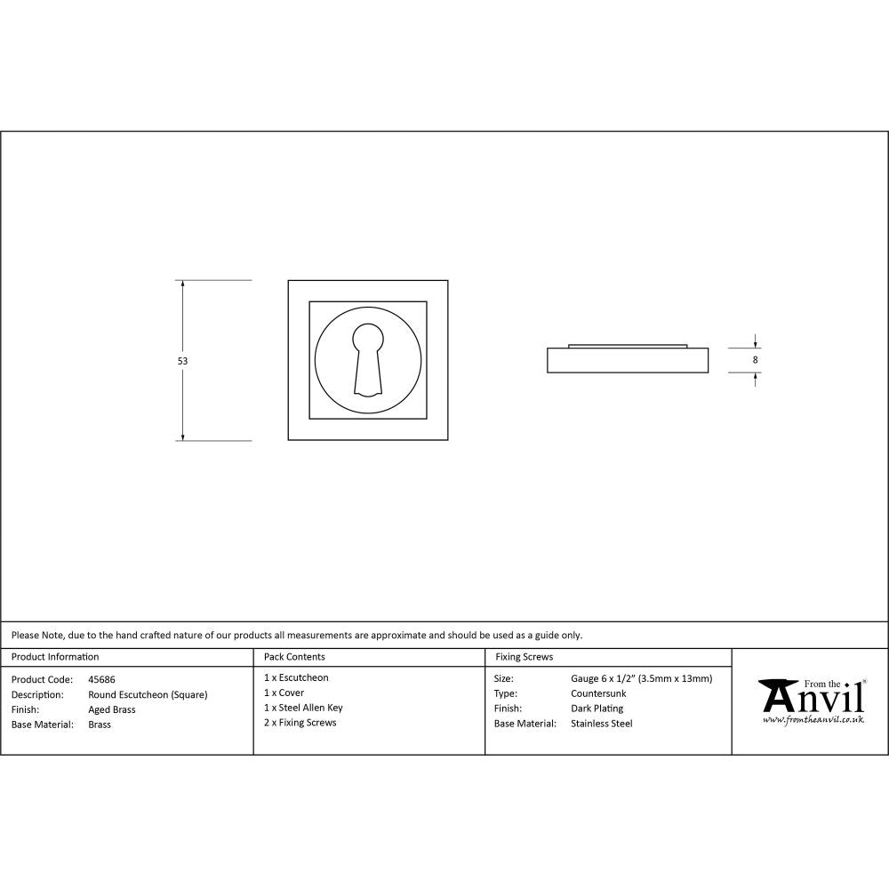 This is an image showing From The Anvil - Aged Brass Round Escutcheon (Square) available from trade door handles, quick delivery and discounted prices