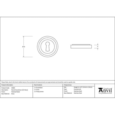 This is an image showing From The Anvil - Polished Nickel Round Escutcheon (Art Deco) available from trade door handles, quick delivery and discounted prices