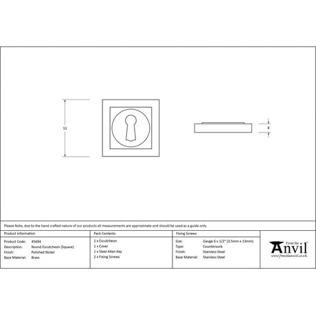 This is an image showing From The Anvil - Polished Nickel Round Escutcheon (Square) available from trade door handles, quick delivery and discounted prices