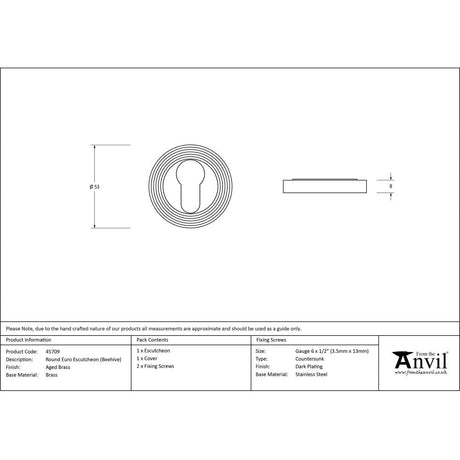 This is an image showing From The Anvil - Aged Brass Round Euro Escutcheon (Beehive) available from trade door handles, quick delivery and discounted prices