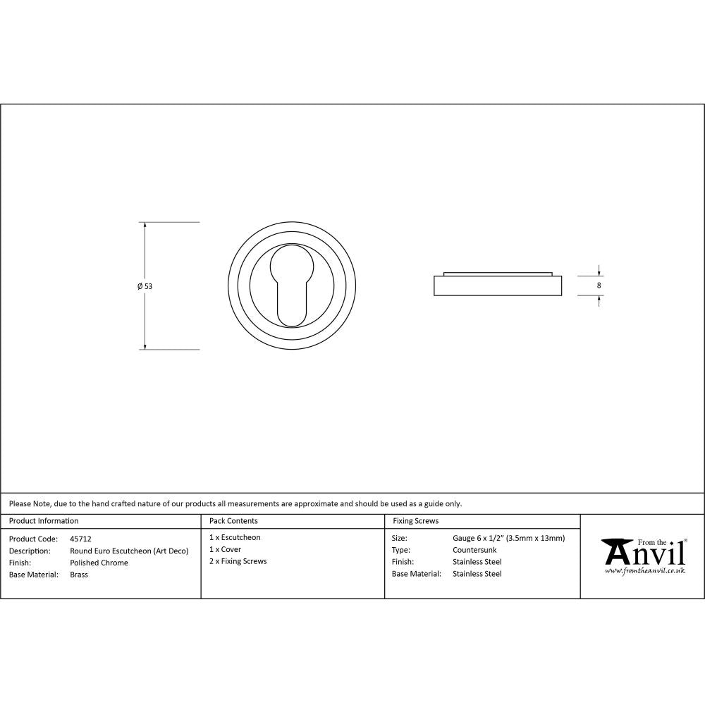 This is an image showing From The Anvil - Polished Chrome Round Euro Escutcheon (Art Deco) available from trade door handles, quick delivery and discounted prices