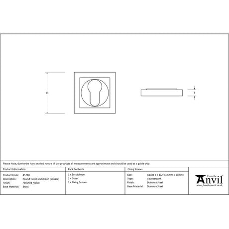 This is an image showing From The Anvil - Polished Nickel Round Euro Escutcheon (Square) available from trade door handles, quick delivery and discounted prices