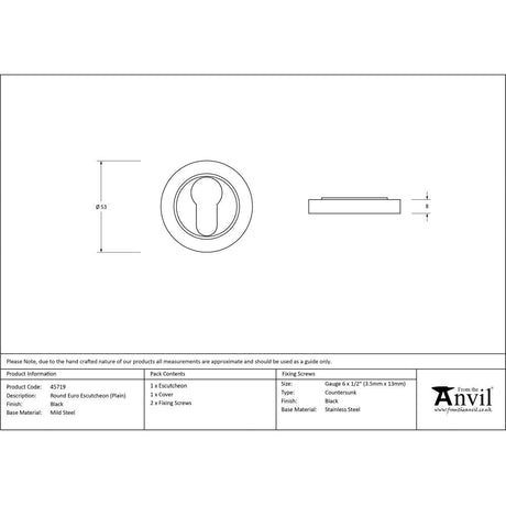 This is an image showing From The Anvil - Black Round Euro Escutcheon (Plain) available from trade door handles, quick delivery and discounted prices