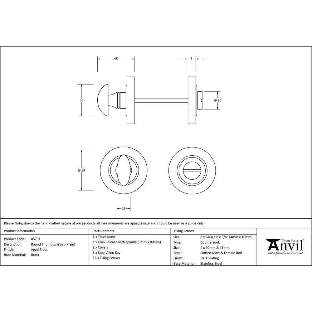 This is an image showing From The Anvil - Aged Brass Round Thumbturn Set (Plain) available from trade door handles, quick delivery and discounted prices