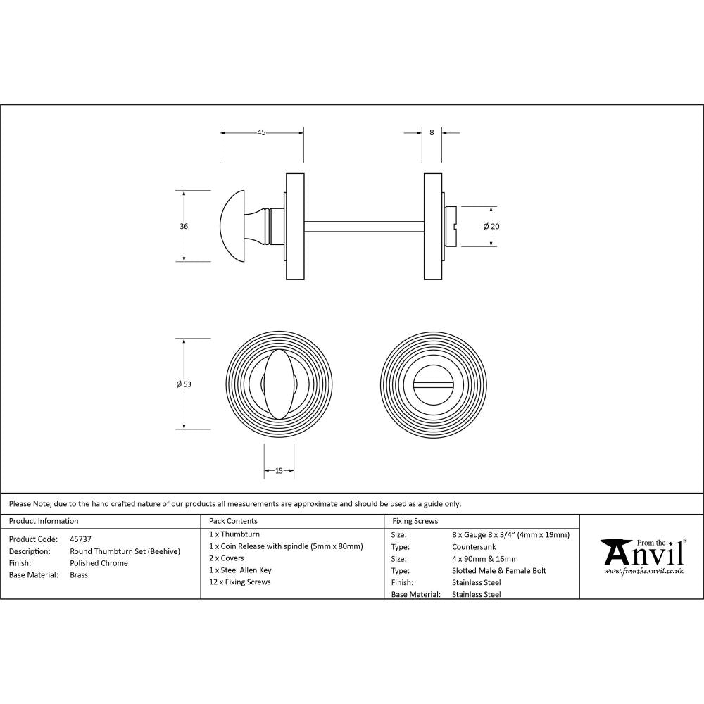 This is an image showing From The Anvil - Polished Chrome Round Thumbturn Set (Beehive) available from trade door handles, quick delivery and discounted prices