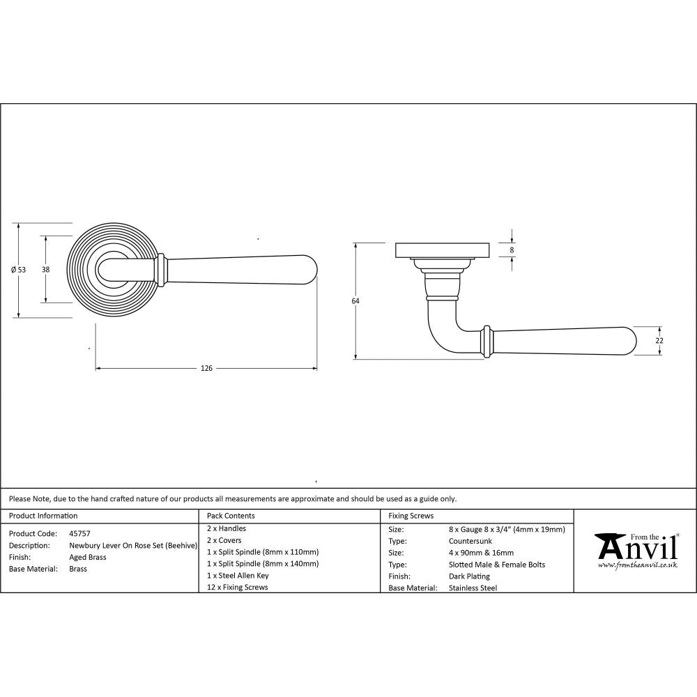 This is an image showing From The Anvil - Aged Brass Newbury Lever on Rose Set (Beehive) available from trade door handles, quick delivery and discounted prices