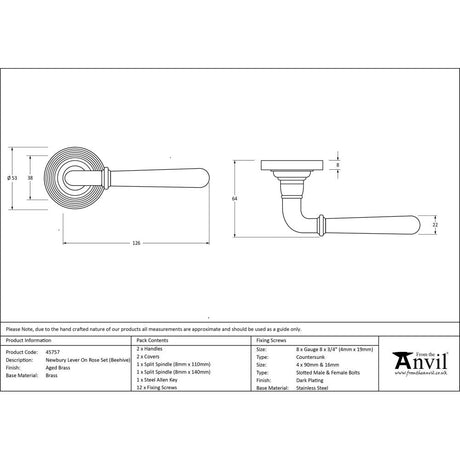 This is an image showing From The Anvil - Aged Brass Newbury Lever on Rose Set (Beehive) available from trade door handles, quick delivery and discounted prices