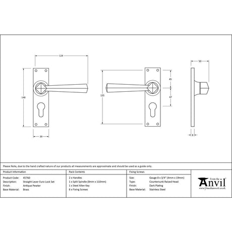 This is an image showing From The Anvil - Antique Pewter Straight Lever Euro Lock Set available from trade door handles, quick delivery and discounted prices