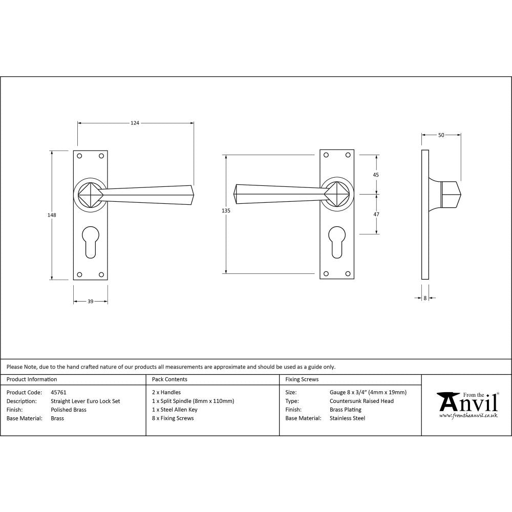 This is an image showing From The Anvil - Polished Brass Straight Lever Euro Lock Set available from trade door handles, quick delivery and discounted prices