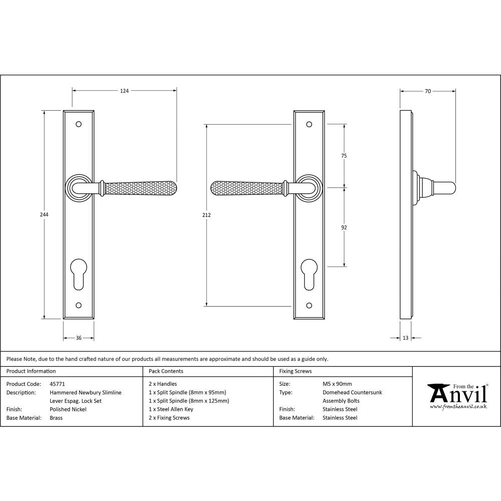 This is an image showing From The Anvil - Polished Nickel Hammered Newbury Slimline Espag. Lock Set available from trade door handles, quick delivery and discounted prices