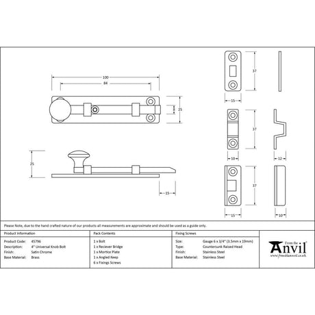 This is an image showing From The Anvil - Satin Chrome 4" Universal Bolt available from trade door handles, quick delivery and discounted prices