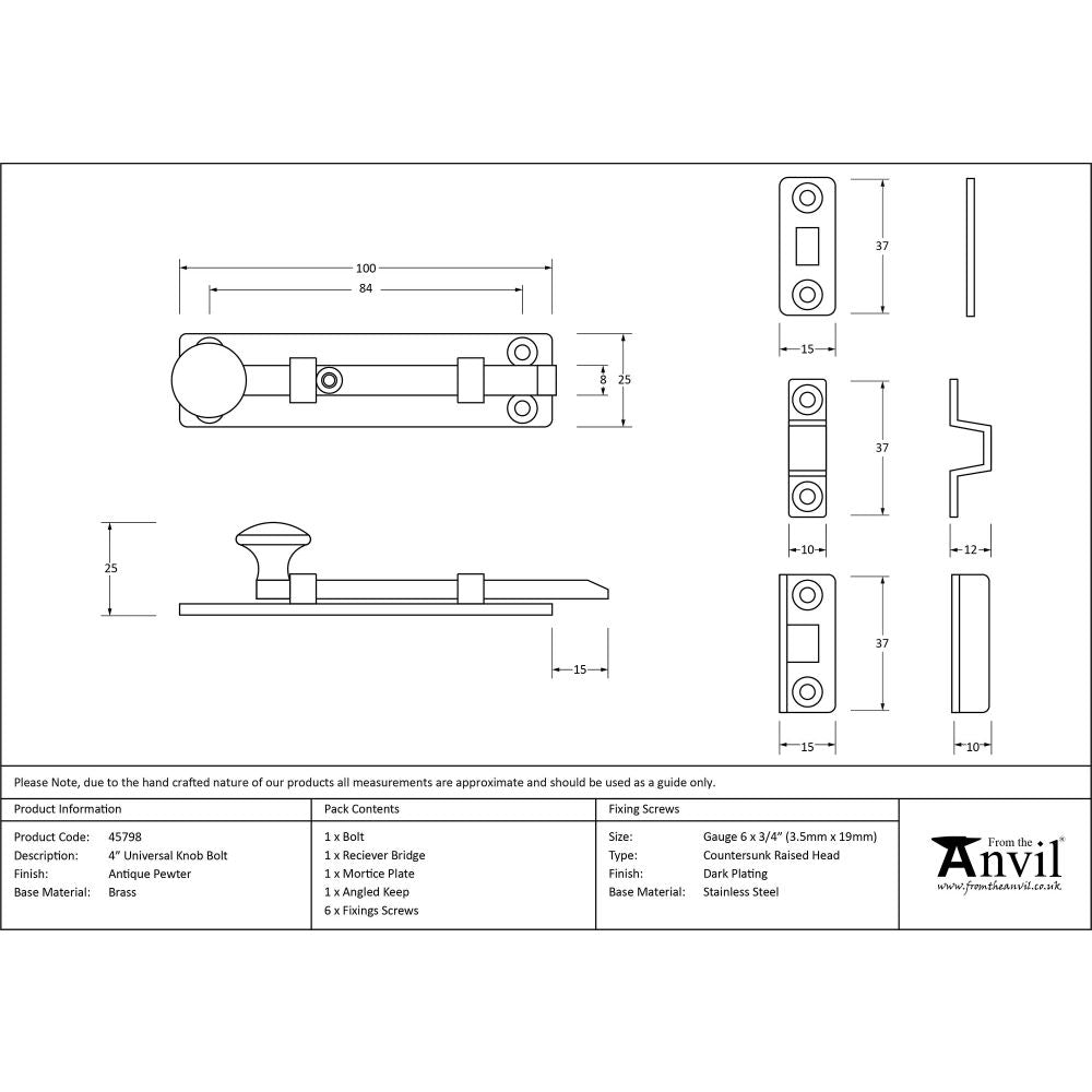 This is an image showing From The Anvil - Antique Pewter 4" Universal Bolt available from trade door handles, quick delivery and discounted prices