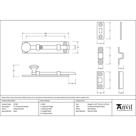 This is an image showing From The Anvil - Antique Pewter 4" Universal Bolt available from trade door handles, quick delivery and discounted prices