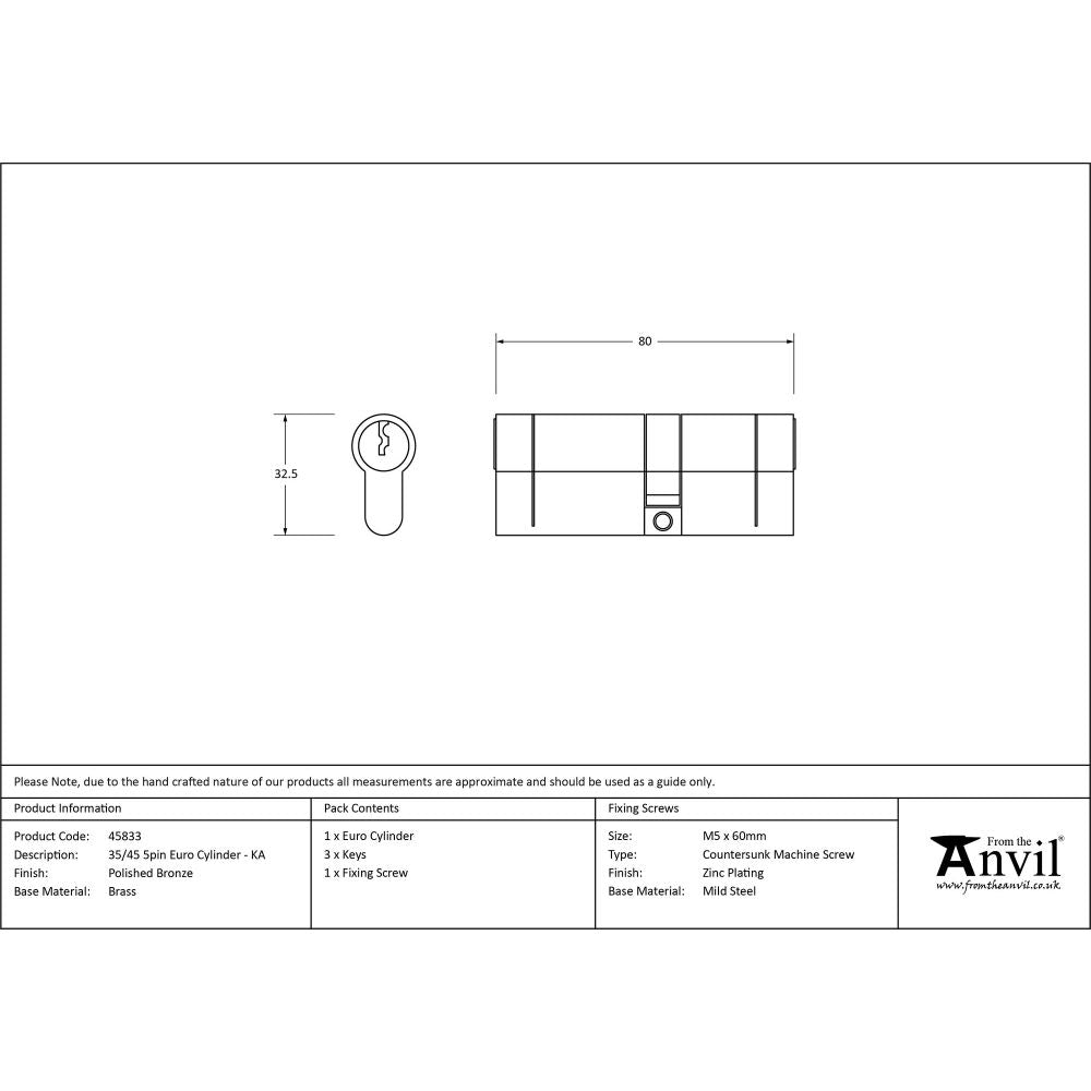 This is an image showing From The Anvil - Polished Bronze 35/45 5pin Euro Cylinder KA available from T.H Wiggans Architectural Ironmongery in Kendal, quick delivery and discounted prices