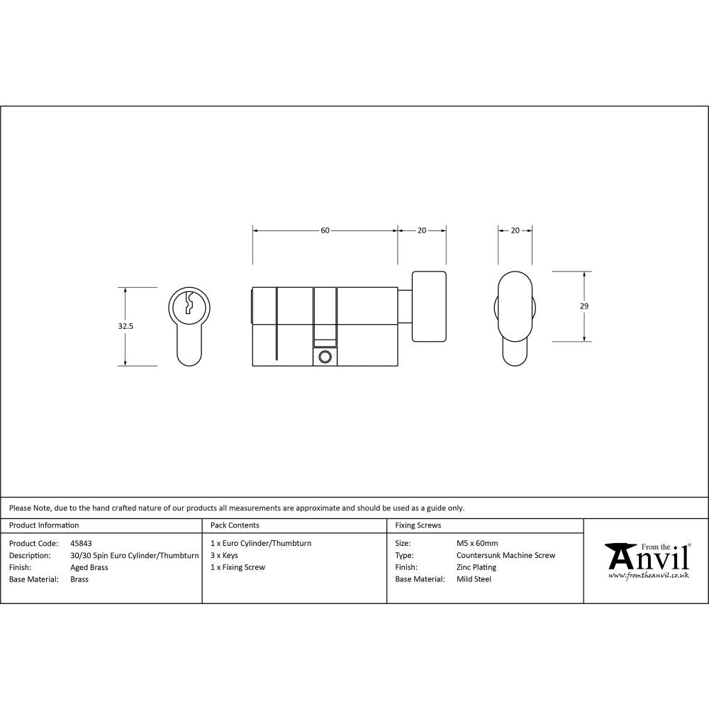 This is an image showing From The Anvil - Aged Brass 30/30 5pin Euro Cylinder/Thumbturn available from T.H Wiggans Architectural Ironmongery in Kendal, quick delivery and discounted prices