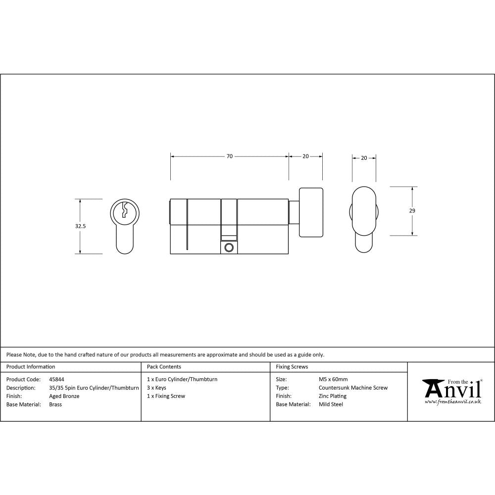 This is an image showing From The Anvil - Aged Bronze 35/35 5pin Euro Cylinder/Thumbturn available from T.H Wiggans Architectural Ironmongery in Kendal, quick delivery and discounted prices