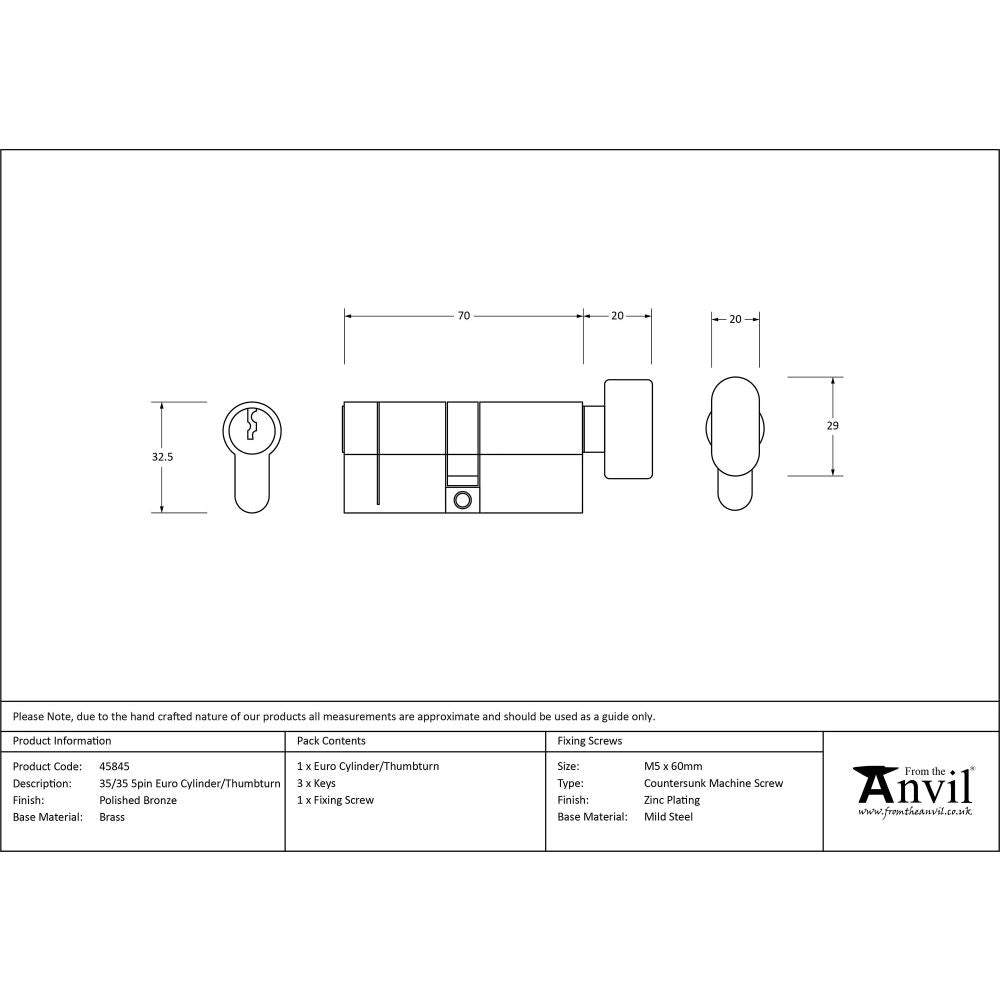 This is an image showing From The Anvil - Polished Bronze 35/35 5pin Euro Cylinder/Thumbturn available from T.H Wiggans Architectural Ironmongery in Kendal, quick delivery and discounted prices