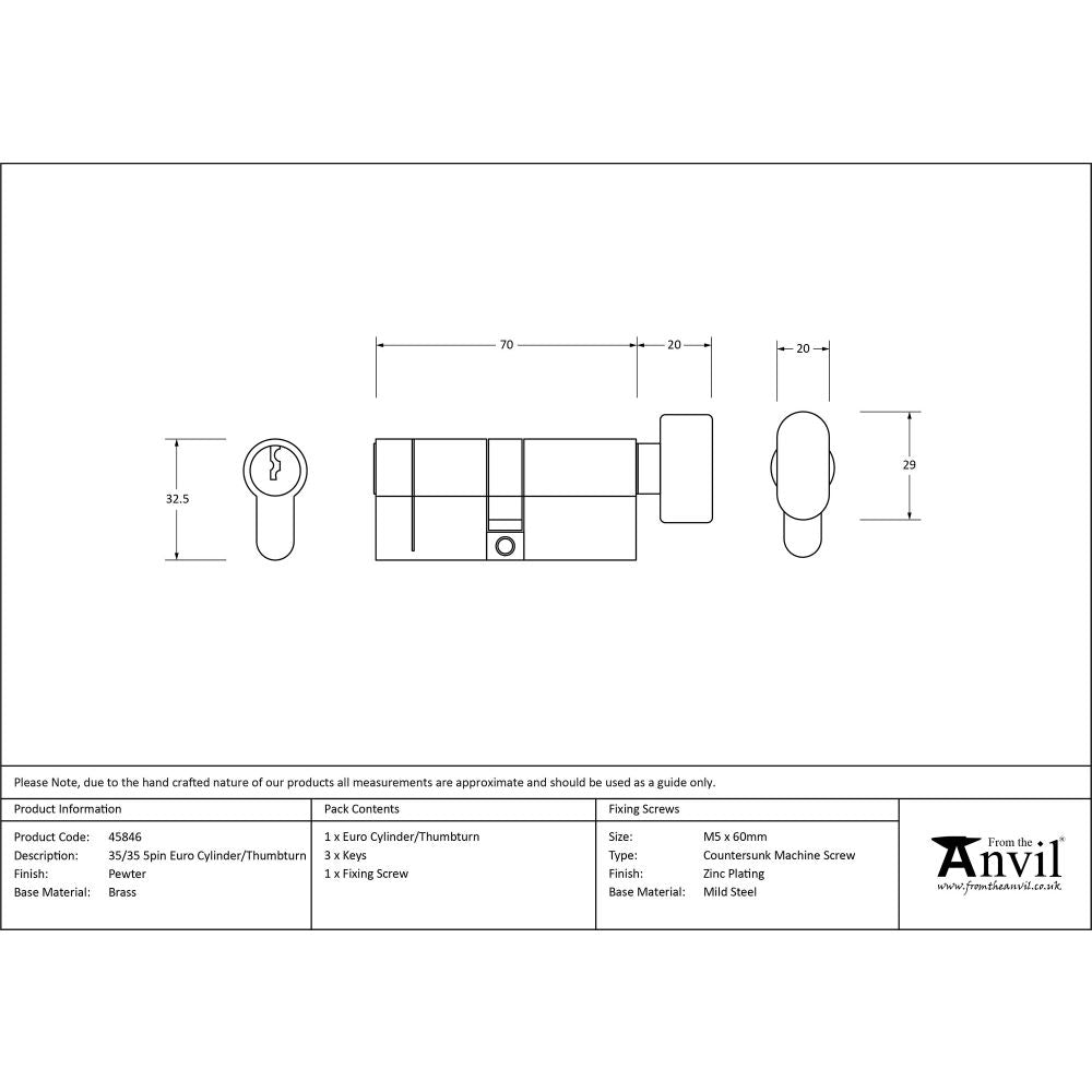 This is an image showing From The Anvil - Pewter 35/35 5pin Euro Cylinder/Thumbturn available from T.H Wiggans Architectural Ironmongery in Kendal, quick delivery and discounted prices