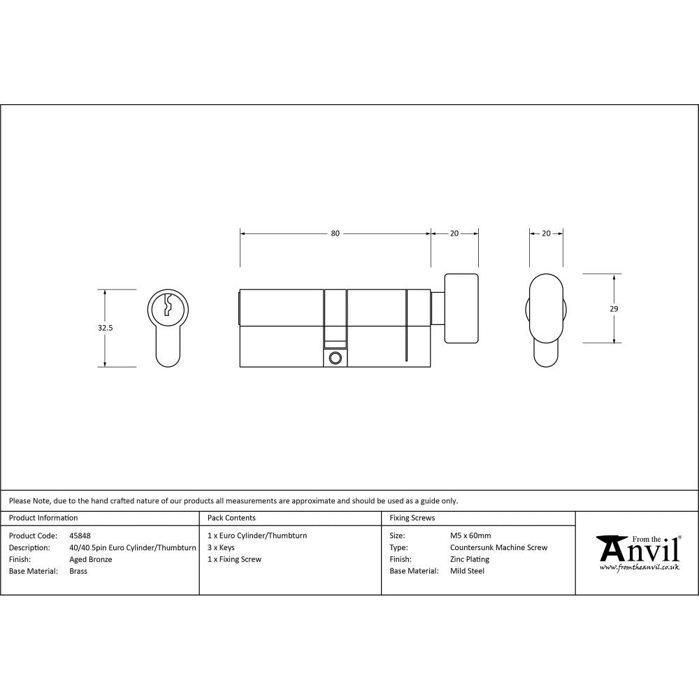 This is an image showing From The Anvil - Aged Bronze 40/40 5pin Euro Cylinder/Thumbturn available from T.H Wiggans Architectural Ironmongery in Kendal, quick delivery and discounted prices