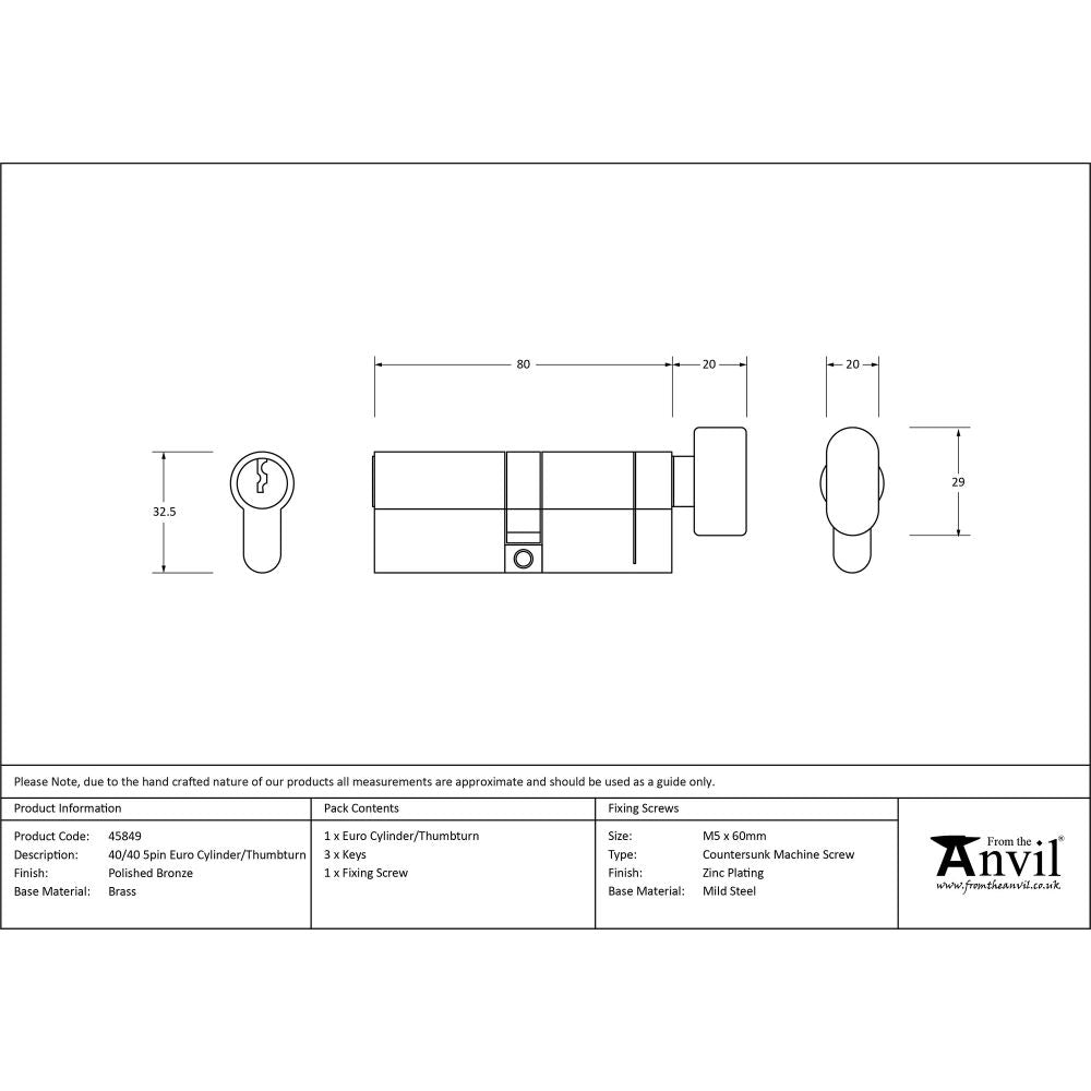 This is an image showing From The Anvil - Polished Bronze 40/40 5pin Euro Cylinder/Thumbturn available from T.H Wiggans Architectural Ironmongery in Kendal, quick delivery and discounted prices