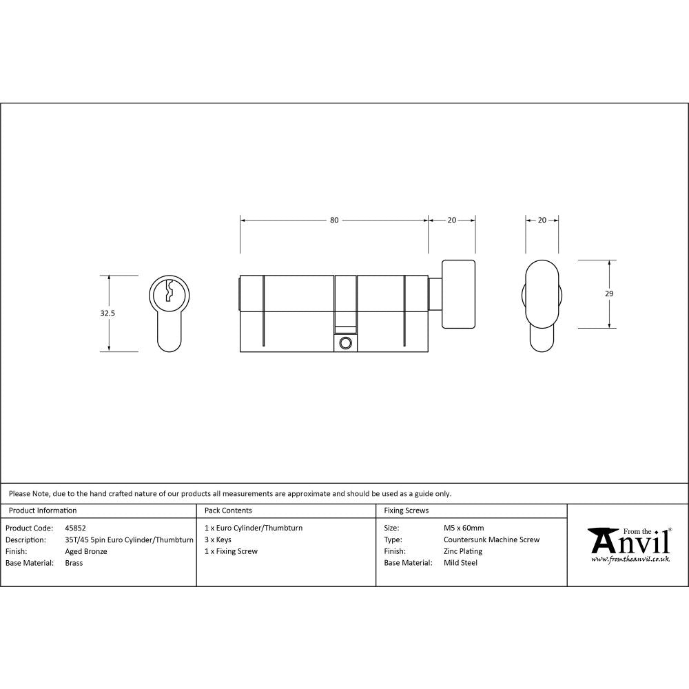 This is an image showing From The Anvil - Aged Bronze 35T/45 5pin Euro Cylinder/Thumbturn available from T.H Wiggans Architectural Ironmongery in Kendal, quick delivery and discounted prices