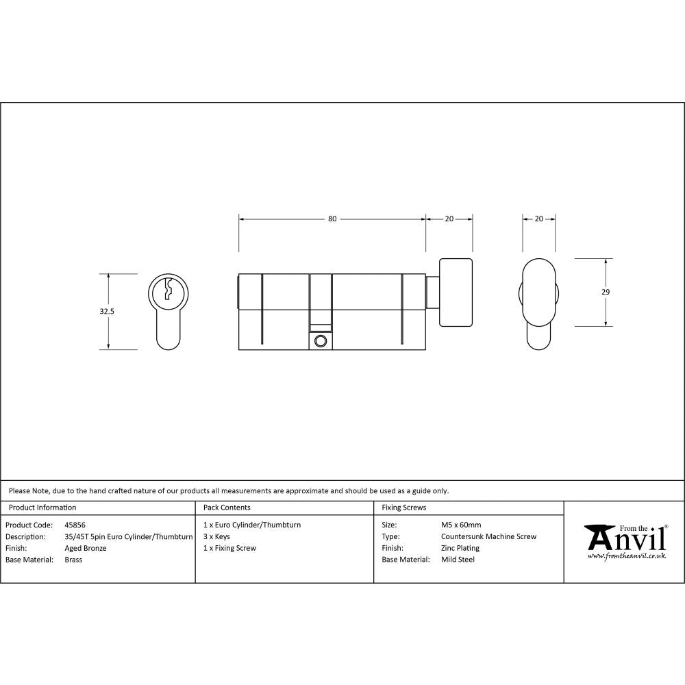 This is an image showing From The Anvil - Aged Bronze 35/45T 5pin Euro Cylinder/Thumbturn available from T.H Wiggans Architectural Ironmongery in Kendal, quick delivery and discounted prices