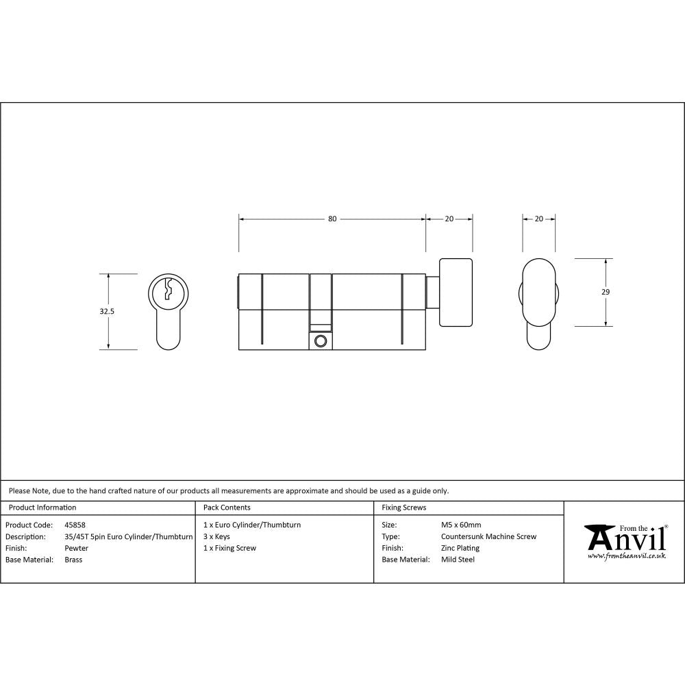 This is an image showing From The Anvil - Pewter 35/45T 5pin Euro Cylinder/Thumbturn available from T.H Wiggans Architectural Ironmongery in Kendal, quick delivery and discounted prices