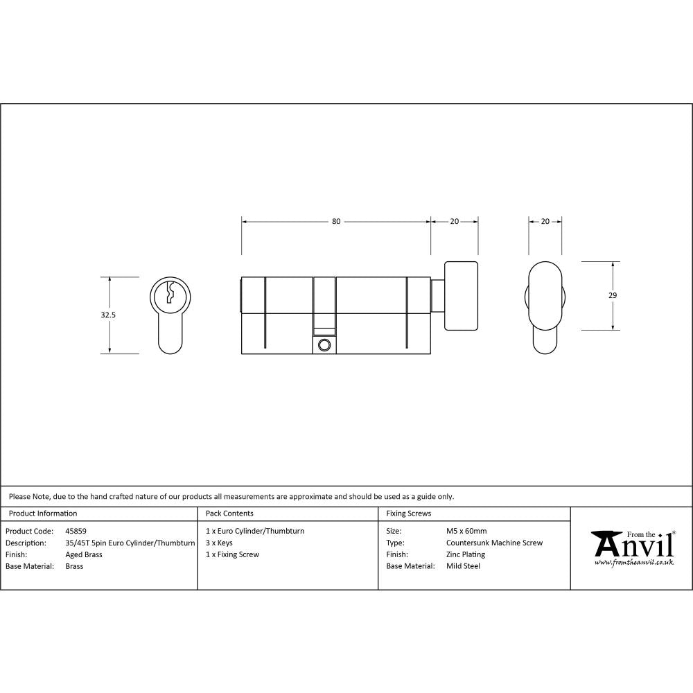 This is an image showing From The Anvil - Aged Brass 35/45T 5pin Euro Cylinder/Thumbturn available from T.H Wiggans Architectural Ironmongery in Kendal, quick delivery and discounted prices