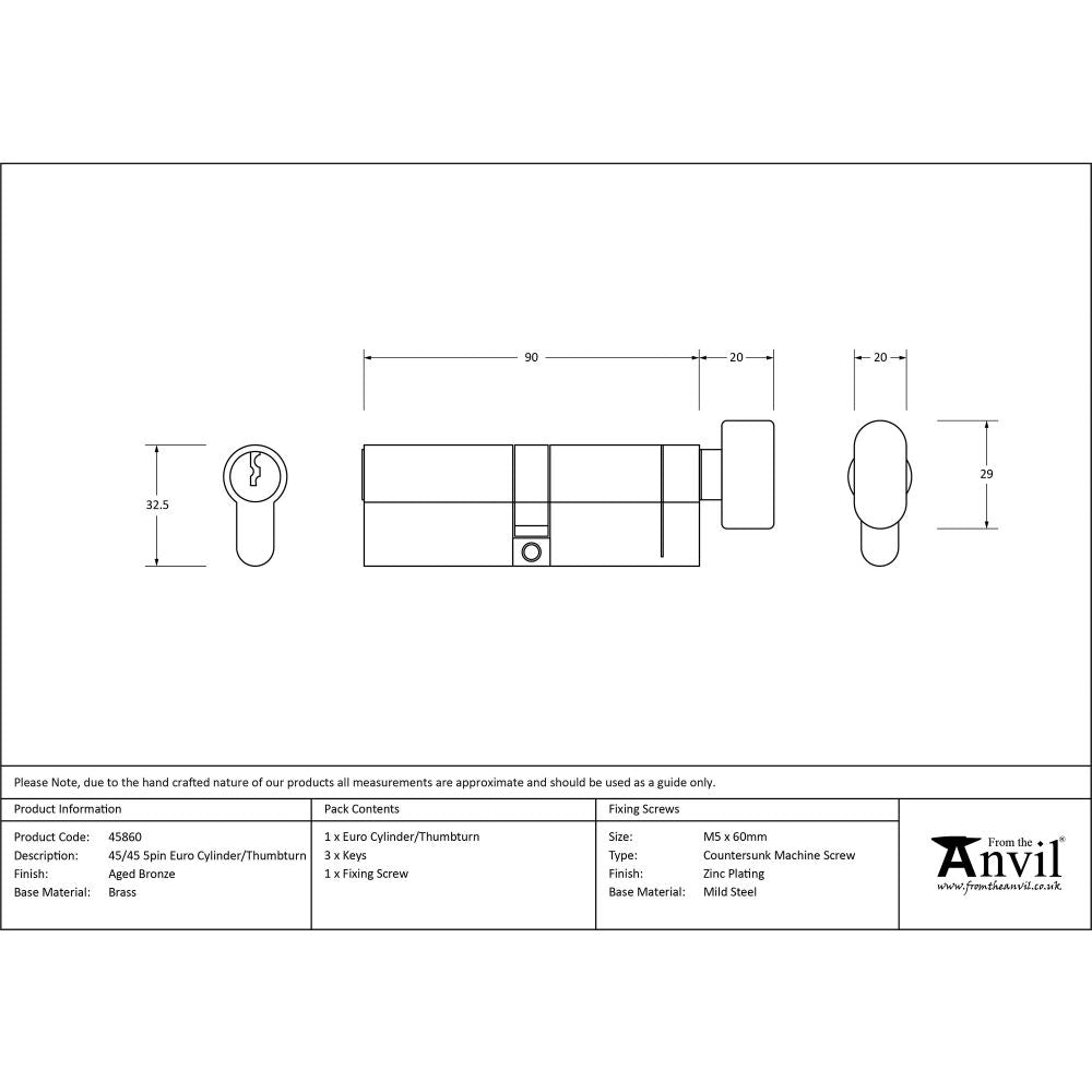 This is an image showing From The Anvil - Aged Bronze 45/45 5pin Euro Cylinder/Thumbturn available from T.H Wiggans Architectural Ironmongery in Kendal, quick delivery and discounted prices