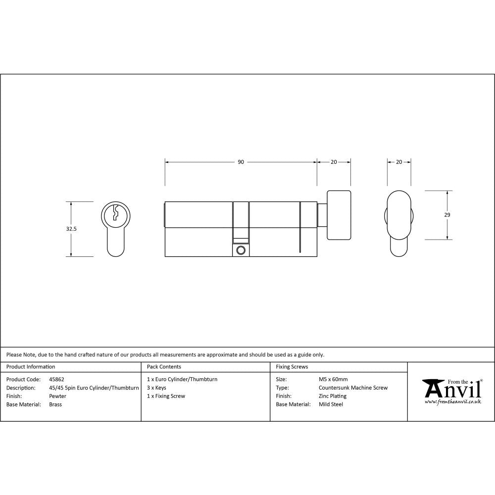 This is an image showing From The Anvil - Pewter 45/45 5pin Euro Cylinder/Thumbturn available from T.H Wiggans Architectural Ironmongery in Kendal, quick delivery and discounted prices