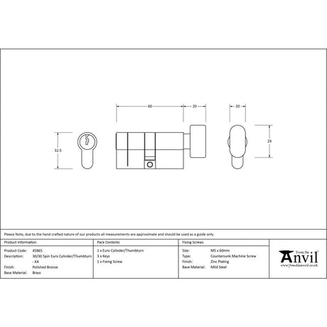 This is an image showing From The Anvil - Polished Bronze 30/30 5pin Euro Cylinder/Thumbturn KA available from T.H Wiggans Architectural Ironmongery in Kendal, quick delivery and discounted prices