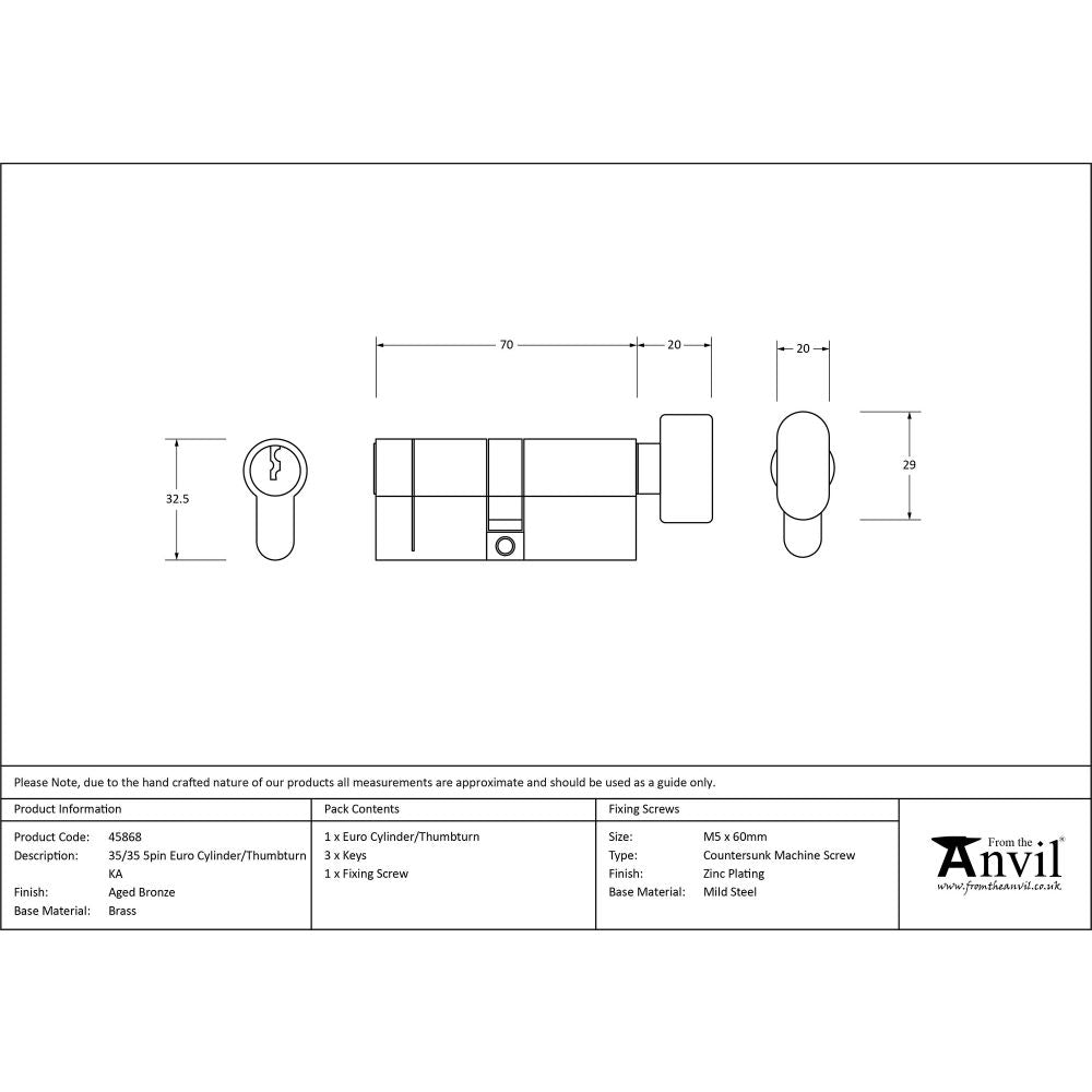 This is an image showing From The Anvil - Aged Bronze 35/35 5pin Euro Cylinder/Thumbturn KA available from T.H Wiggans Architectural Ironmongery in Kendal, quick delivery and discounted prices