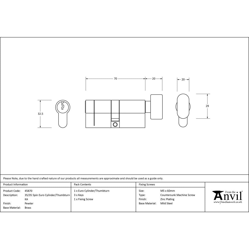 This is an image showing From The Anvil - Pewter 35/35 5pin Euro Cylinder/Thumbturn KA available from T.H Wiggans Architectural Ironmongery in Kendal, quick delivery and discounted prices