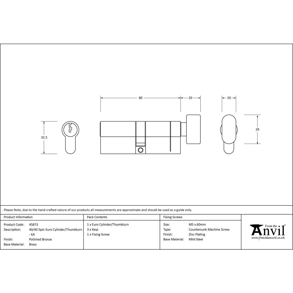 This is an image showing From The Anvil - Polished Bronze 40/40 5pin Euro Cylinder/Thumbturn KA available from T.H Wiggans Architectural Ironmongery in Kendal, quick delivery and discounted prices