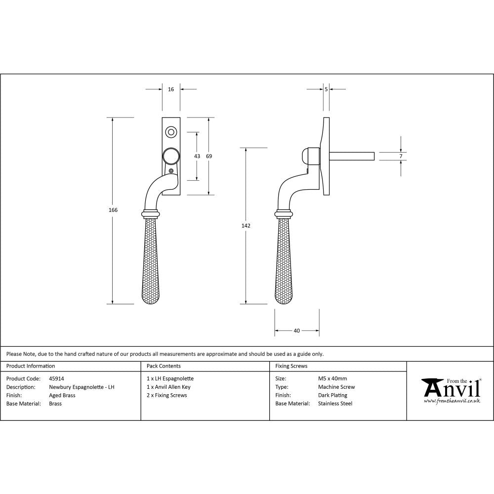 This is an image showing From The Anvil - Aged Brass Hammered Newbury Espag - LH available from T.H Wiggans Architectural Ironmongery in Kendal, quick delivery and discounted prices