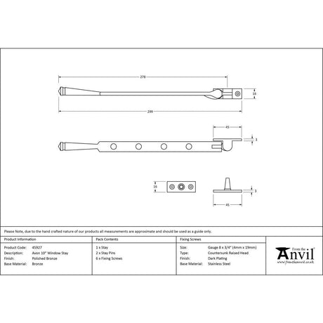 This is an image showing From The Anvil - Polished Bronze 10" Avon Stay available from T.H Wiggans Architectural Ironmongery in Kendal, quick delivery and discounted prices